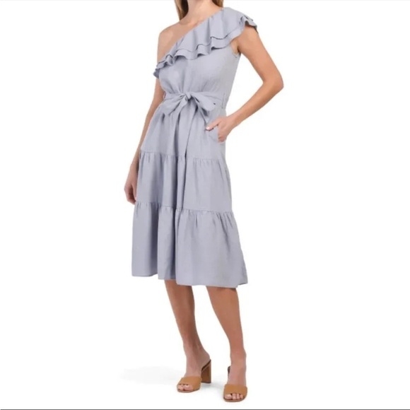 Nicole Miller Linen One Shoulder Ruffle Fit and Flare Dress Size Large - Picture 1 of 12